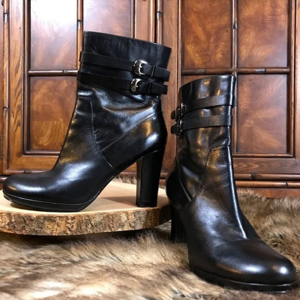 Bandolino Genuine Leather Twin Buckle Strap Bootie